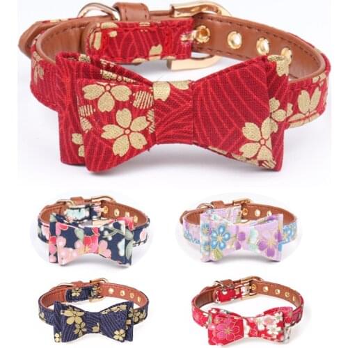 Print Leather Fabric Pet Dog Collar Leash Cat Collier Chain Bowknot Red Cherry Hot Stamping For Small Middle Perro Teddy