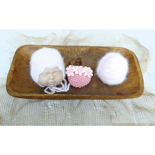 P&W White Soft Baby Hat Newborn baby photography props Fiower Pink Bag Mohair wrap 3pcs Set studio shooting accessories