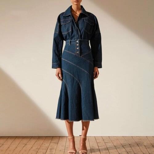 Casual Two Piece Set For Women Lapel Collar Long Sleeve Denim Pockets Top High Waist Striped Ruffles Skirts Female 2020 New V790