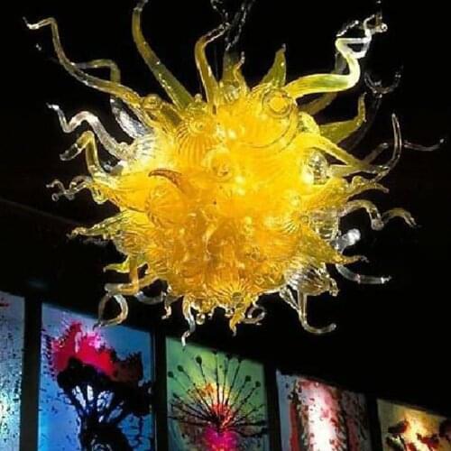 Hand Blow Glass Chandelier with Led Lights Yellow Color 32 by 24 Inches Chain Pendant for House Decoration Living Room