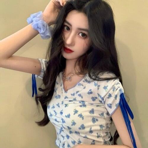 Slim Floral V-neck Bow T Shirts for Women 2021 New Skinny Fashion Korean Sweet Style Summer Ladies Crop Top Y2k Print Tees