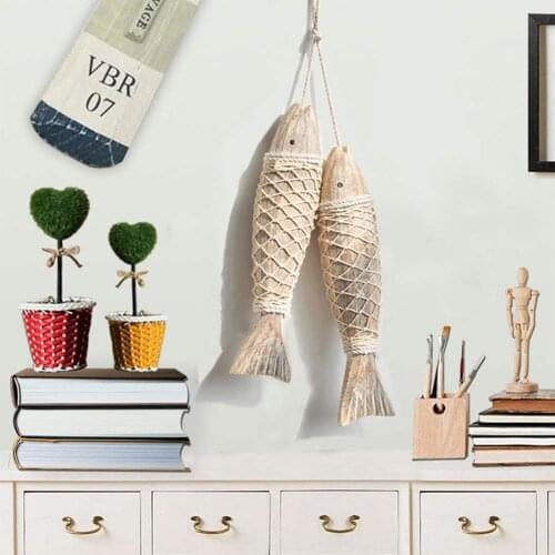 2Pcs Mediterranean Style Rustic Natural Wood Fish Wall Decoration Handcraft Hanging Sculptures Hand Carved Ornaments 2021
