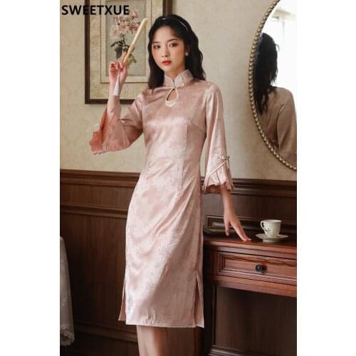 SWEETXUE 2021 Summer Vintage French Fashion Designer Hollow Cheongsam Modern Girl Pink Improved Elegant Dress Womens Clothing