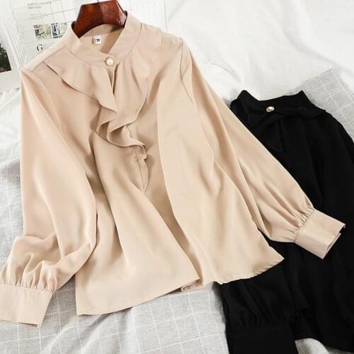 Vintage Solid V-neck Blouses Women Shirt Casual Office Lady Long Sleeve Shirts Spring Chic Ruffles Chiffon Tops Blusas Mujer
