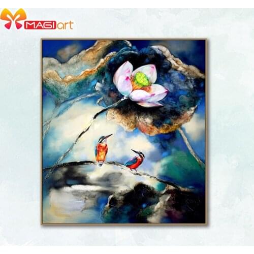 Cross stitch kits Embroidery needlework sets 11CT water soluble canvas patterns 14CT Magpie and lotus-NCMA091