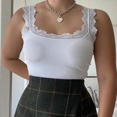 Women Sexy White Lace Trim Camisole Sleeveless Backless Square Neck Rib Knit Crop Tank Tops 2021 Summer Clothing Short Vest