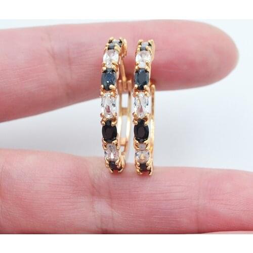 Gold Color Women Fashion White Black Oval Cubic Zirconia CZ Huggie Hoop Earrings Jewelry