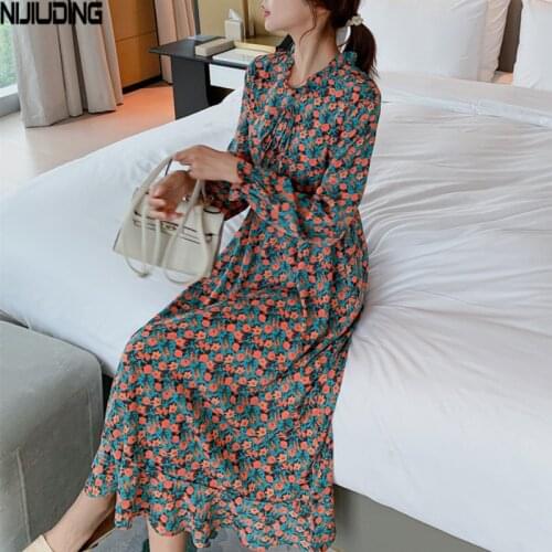 Spring Autumn Women Chiffon Dresses 2021 New Long Sleeve Floral Printed Bow Neck Elastic Waist Midi Dress Female Mujer Vestidos