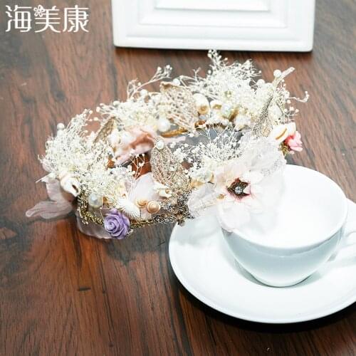 Haimeikang Eternal Flower Girls Garlands Headband Vintage Shell Pearl Hairband Beach Floral Headwear for Women Hair Accessories