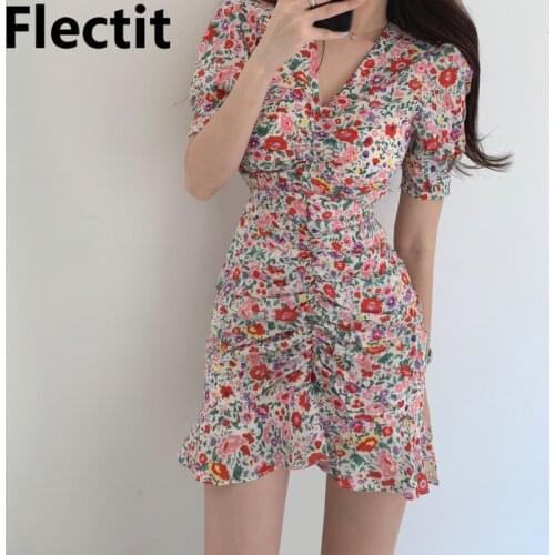 Flecti Womens Ditsy Floral Ruched Bodycon Mini Dress Summer Short Sleeve V-Neck Ruffled Short Dress Korean Fashion