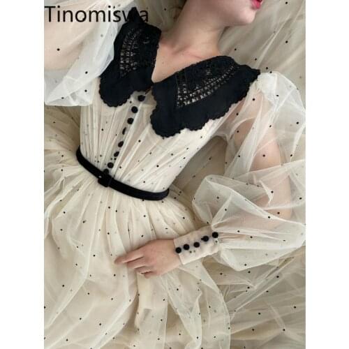 Tinomiswa Polka Dot Mesh Dress Women Spring 2021 Elegant Turn Down Collar Long Sleeve Dresses Femme French High Waist Vestidos