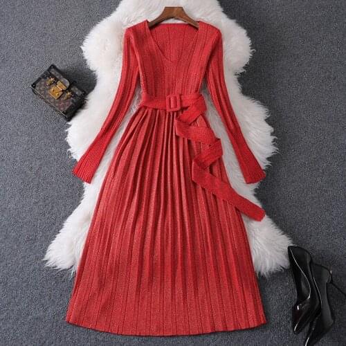 Europe New Fashion Autumn Winter Dress Women Clothes 2019 Elegant Long Sleeve V Neck Mid Calf Pleated Knitting Sweater Dresses