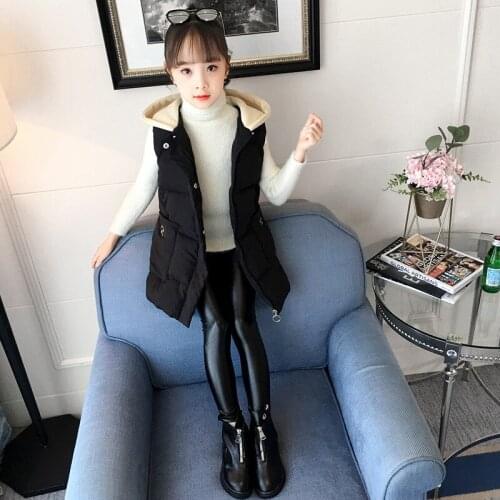 Girl winter new vest Girl padded windproof warm sleeveless jacket Girl fashion long hooded vest Girl solid color versatile jacke