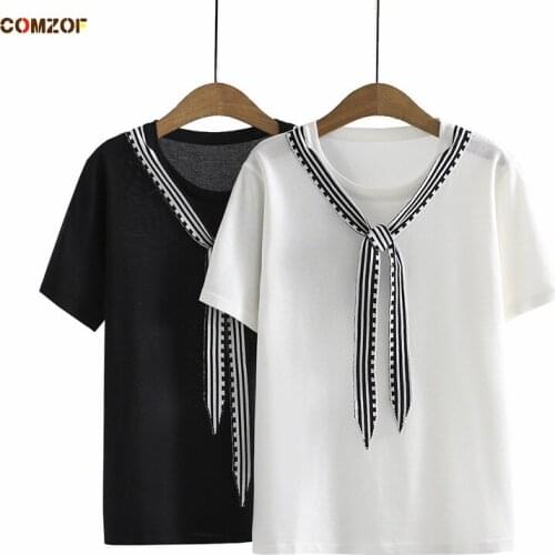 2021 Summer Plus Size Women T Shirt Short Sleeve Korean Necktie Loose Tee Shirt Femme Casual Tops Clothes Haut Femme 4XL