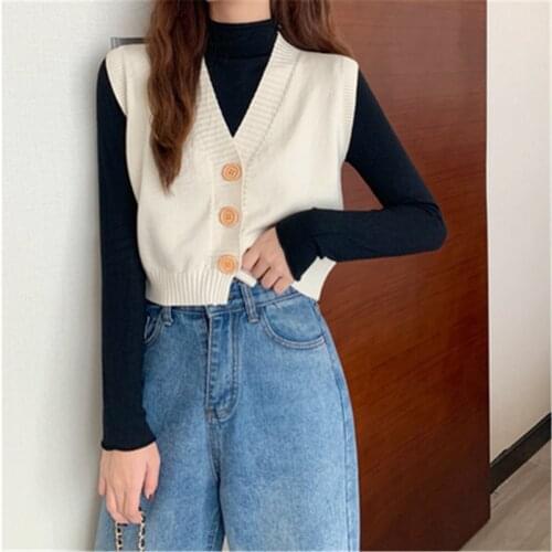 2021 Sweater Vest Women Crop Top Single-breasted Fashion Korean Style Solid Casual Stylish Loose Elegant All-match Femme Vests