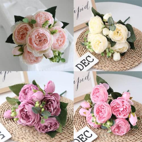 30cm rose silk peony artificial flower bouquet 5 big heads and 4 buds cheap fake flowers for Christmas home wedding interior dec