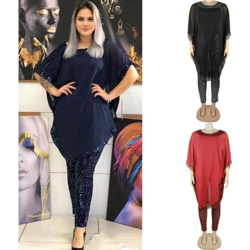 African Chiffon Outfits 3PCS Women Africa Clothing Sequins Suits Inner Tops Pants Suits Chiffon Elastic Fashion 2021 Plus Size