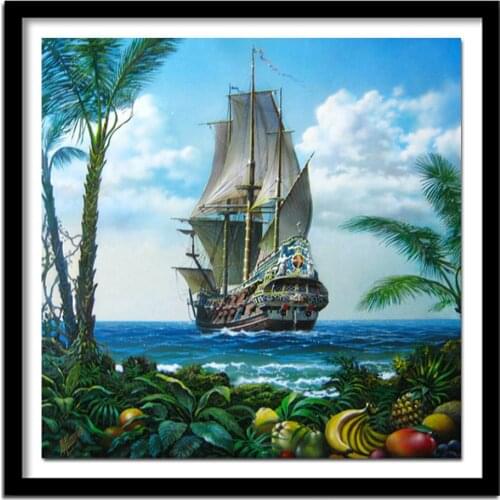 Diamond Embroidery Boat Sea Landscape Painting of Rhinestone Full Square Diamond Painting Resin Drill Bead Work Craft DIY
