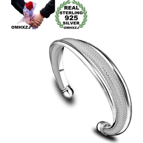OMHXZJ Wholesale Personality Fashion OL Woman Gift Two Lines Mesh Open 925 Sterling Silver 18KT God Cuff Bangle Bracelet BR162