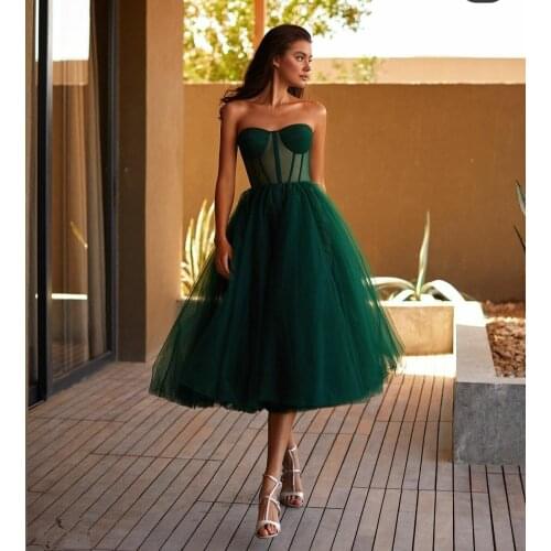 Elegant Short Green Tulle Evening Dresses A-Line Corset Back Knee Length Robes De Mariée Party Gowns For Women