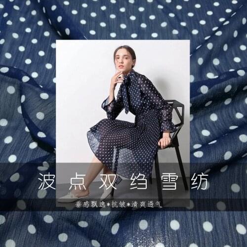 Import the drape and elegant navy blue water tamanami point crepe DE chine chiffon fabric Dress shirt dress fashion