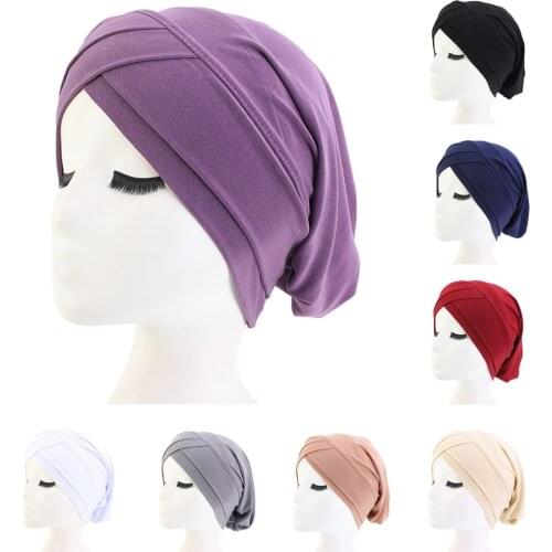 Indian Muslim Hijab Turban Women Headwear Stretch Hair Loss Chemo Cap Cancer Islamic Solid Color Scarf Wrap Bonnet Headscarf Hat