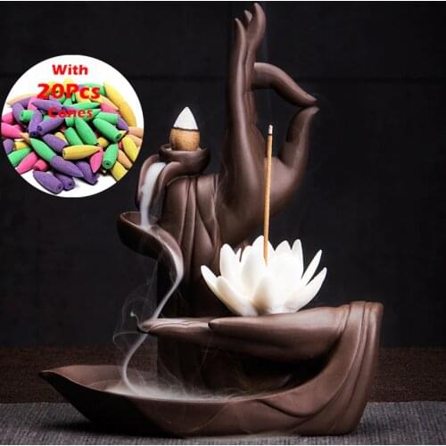 Handmade Creative Decor Incense Holder Buddha Hand Lotus Ceramic Waterfall Backflow Incense Burner Incenser Zen Desktop Censer