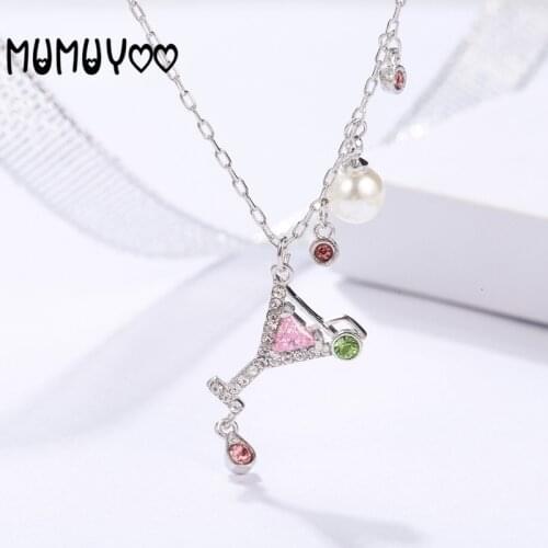 Fashion jewelry high quality charm cute Y shaped cocktail glass pendant necklace female crystal clavicle chain gifts for women