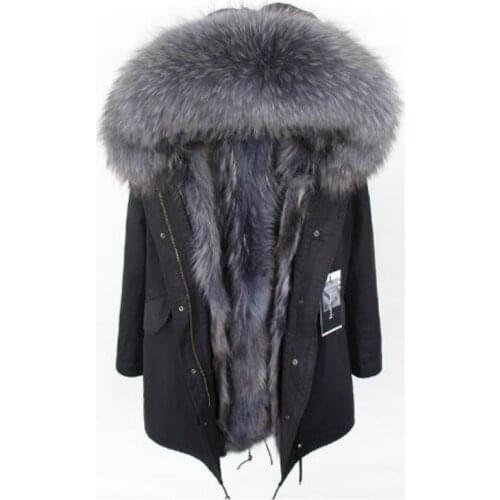 2020 fashion winter new Natural raccoon fur lined jacket coat big raccoon fur collar black gray park thick warm coat