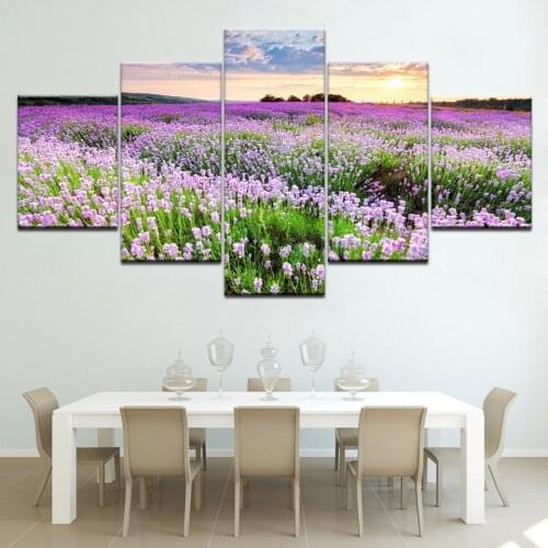 Wall Art Canvas Painting 5 Pieces Modular Purple Lavender Field Provence Landscape Modern Romantic Large Size Prints Artwork