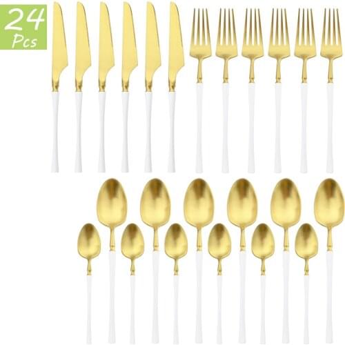 24Pcs White Gold Cutlery Set High Quality Western Tableware Set 18/10 Stainless Steel Dinnerware Fork Knives Spoon Flatware Set