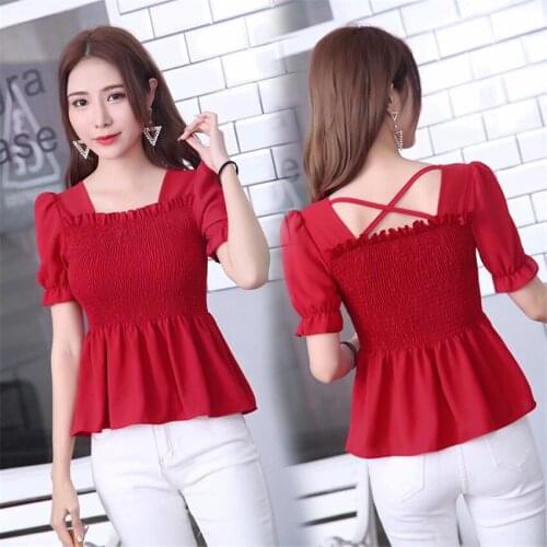 New Summer Women Ruffles Chiffon Blouse Sweety Girl Square Collar Shirt Spring Short Sleeve Blousas Basic Tops Bottomings WZ862