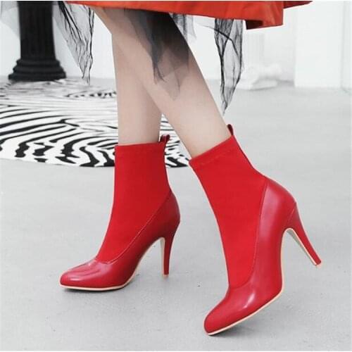 PXELENA European Sexy Stiletto High Heels Ladies Ankle Boots Stretch Slip On New Fashion Short Boots Women Shoes Plus Size 34-43