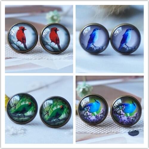 Women Bird Earring Vintage Glass Earring for woman cute Cabochon Stud Earring dropshipping 12 mm