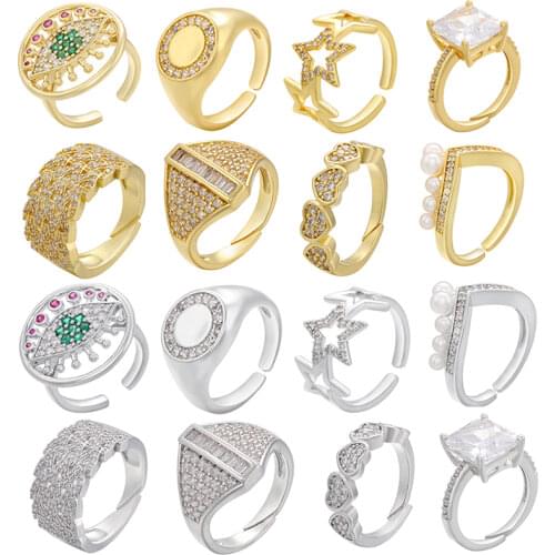 Evil Eye Star Heart Women Ring Gold Silver Color Open Cuff Square Signet Pearl Lady Finger Ring Wedding Engagement Adjustable