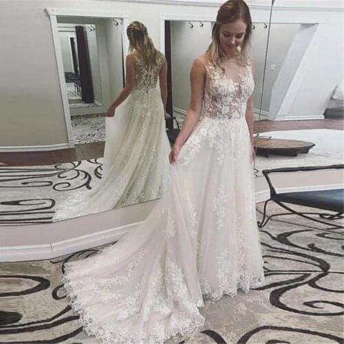 Princess Wedding Dresses 2021 Scoop Neck Appliques Lace A-line Tulle Bridal Gown Button Back Vestidos de Noivas Plus Size New
