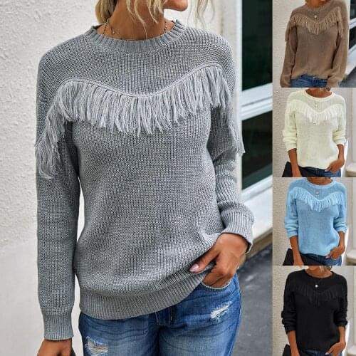 Fashion Women Autumn Sweater Solid Color Long Sleeve Basic Thicken Pullover Tassel Knit Sweater High Quality Oversize Jumper
