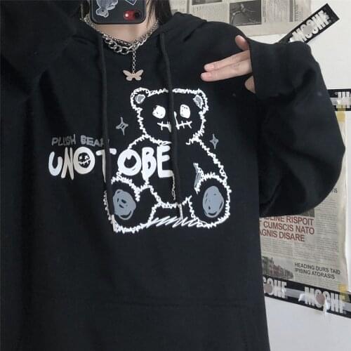 Harajuku loose hip hop streetwear black Gothic hoodie punk casual bear print cute chic funny winter warm women hooded sweatshirt