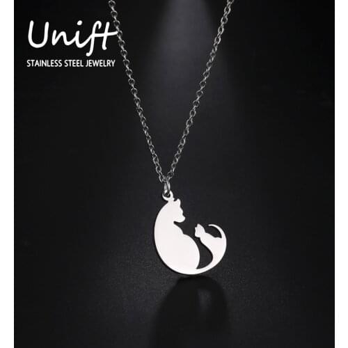 Unift Lovely Mom & Kid Cat Pendant Necklace Cute Animal Stainless Steel Choker Fashion Jewelry Birthday Gifts for Women Girls