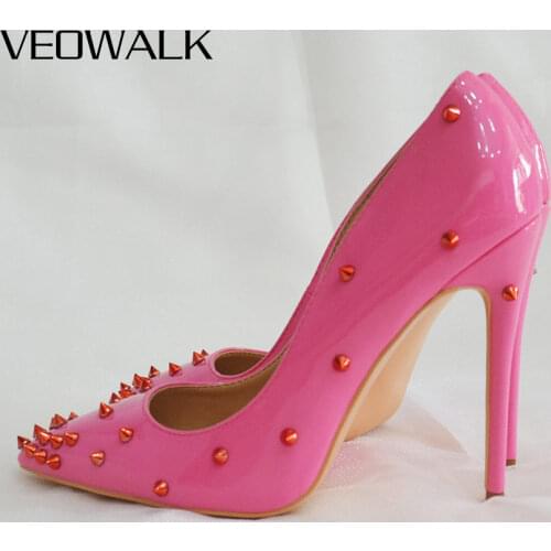 Veowalk Red Rivets Women Sexy High Heels Pointed Toe Slip on Punk Studs Fashion Ladies Club Party Pums Wedding bridal Shoes Pink