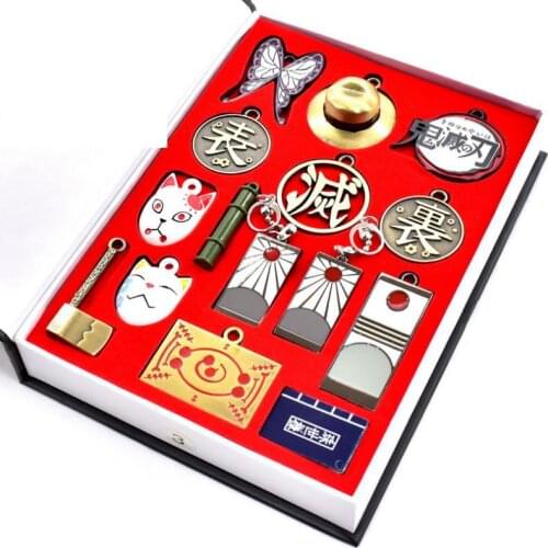 Japanese anime 14pcs Demon Slayer Blade Peripheral Nidou Mask Kazuma Tanjiro Earrings Weapon Model Metal Keychain Necklace