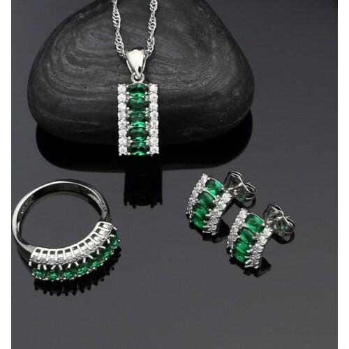 925 Silver Jewelry Sets Green Stones And White Cubic Zirconia Stud Earrings Ring Pendant Necklace Silver Set For Women