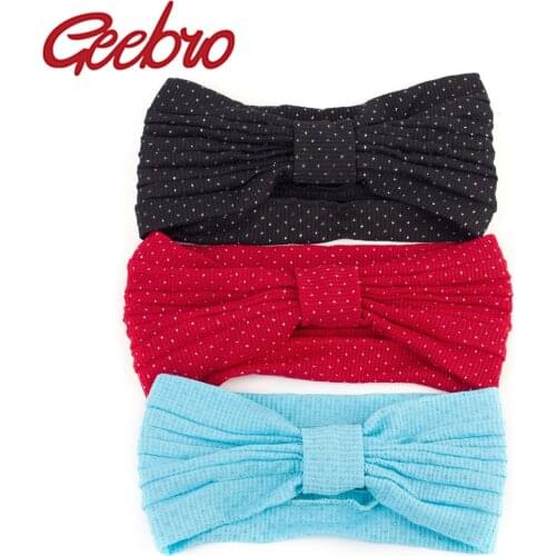 Geebro Womens Silver Dot Rhinestones Elastic Headband Summer Breathable Knotted Bow Head Band for Girls Plain Spa Hair Band