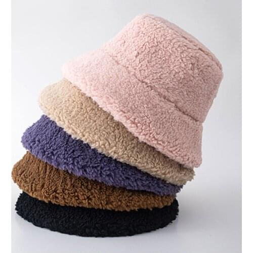 2020 New Autumn Winter Hats for Women Fashion Bucket Hat Solid Unisex Lamb Plush Hair Warm Basin Cap Velvet Fisherman Hat Casual