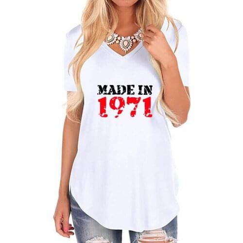 Made in 1971 50 Letter Print Women Loose T-Shirt V Neck Vintage Shirt for Female Femme Summer 50th Birthday Gift Casual Top