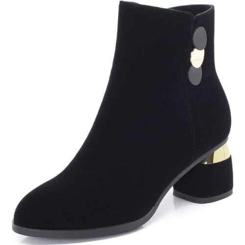 Women Ankle Boots Flock Zipper Solid Short Boots Square Heel Single Shoes Keep Warm Winter Booties Botas Mujer Invierno 2019