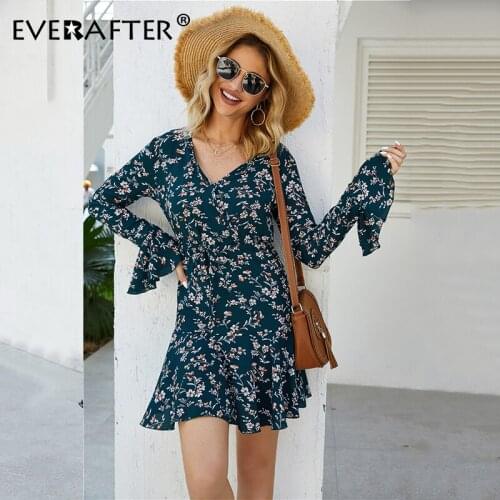 EVERAFTER Elegant boho floral chiffon dress women Autumn bandage v-neck long sleeve ruffled vintage female party mini dresses