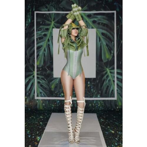 2019 Green Military Uniform Costume Spandex Leotard Jacket Nightclub Outfit Women Singer Dance Prom Bodysuit Set