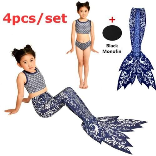 4pcs/Set Girls Mermaid Tail With Black Monofin Children Halloween Swimming Cosplay Costumes Swimmable Swimsuits Beach Fancy Tail