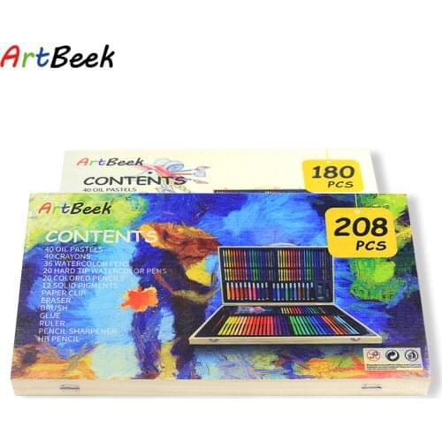 ArtBeek Art Set Wooden Box Childrens Drawing Stationery Cartoon Water Color Pencil Nontoxic Painting Gifts 180/208pcs